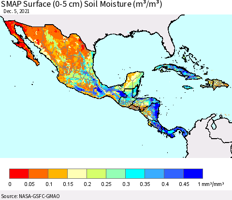 Mexico Central America and the Caribbean SMAP Surface (0-5 cm) Soil Moisture (m³/m³) Thematic Map For 12/1/2021 - 12/5/2021
