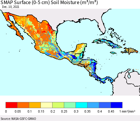 Mexico Central America and the Caribbean SMAP Surface (0-5 cm) Soil Moisture (m³/m³) Thematic Map For 12/6/2021 - 12/10/2021