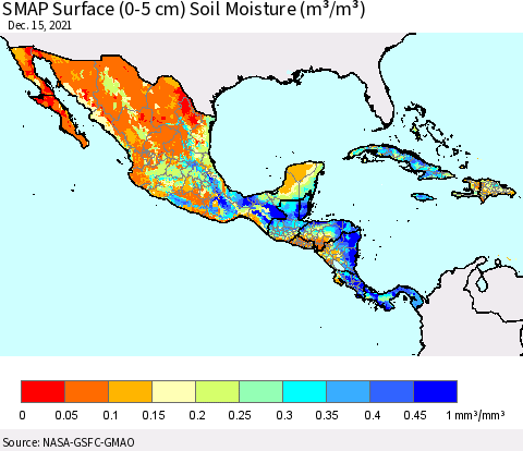 Mexico Central America and the Caribbean SMAP Surface (0-5 cm) Soil Moisture (m³/m³) Thematic Map For 12/11/2021 - 12/15/2021