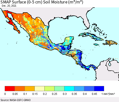 Mexico Central America and the Caribbean SMAP Surface (0-5 cm) Soil Moisture (m³/m³) Thematic Map For 12/16/2021 - 12/20/2021