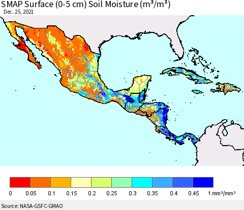 Mexico Central America and the Caribbean SMAP Surface (0-5 cm) Soil Moisture (m³/m³) Thematic Map For 12/21/2021 - 12/25/2021