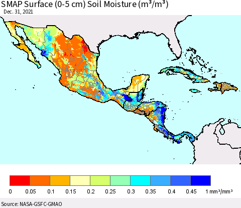 Mexico Central America and the Caribbean SMAP Surface (0-5 cm) Soil Moisture (m³/m³) Thematic Map For 12/26/2021 - 12/31/2021