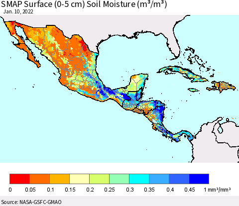 Mexico Central America and the Caribbean SMAP Surface (0-5 cm) Soil Moisture (m³/m³) Thematic Map For 1/6/2022 - 1/10/2022