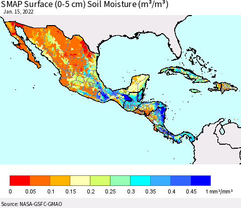 Mexico Central America and the Caribbean SMAP Surface (0-5 cm) Soil Moisture (m³/m³) Thematic Map For 1/11/2022 - 1/15/2022