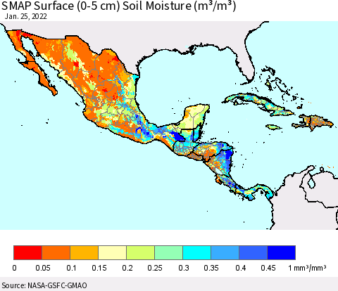 Mexico Central America and the Caribbean SMAP Surface (0-5 cm) Soil Moisture (m³/m³) Thematic Map For 1/21/2022 - 1/25/2022