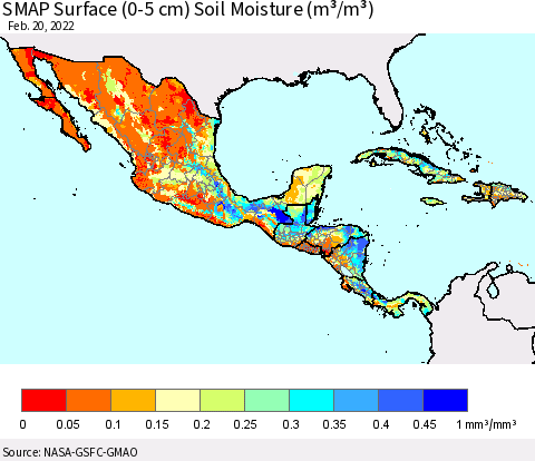 Mexico Central America and the Caribbean SMAP Surface (0-5 cm) Soil Moisture (m³/m³) Thematic Map For 2/16/2022 - 2/20/2022