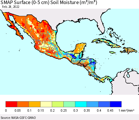 Mexico Central America and the Caribbean SMAP Surface (0-5 cm) Soil Moisture (m³/m³) Thematic Map For 2/26/2022 - 2/28/2022
