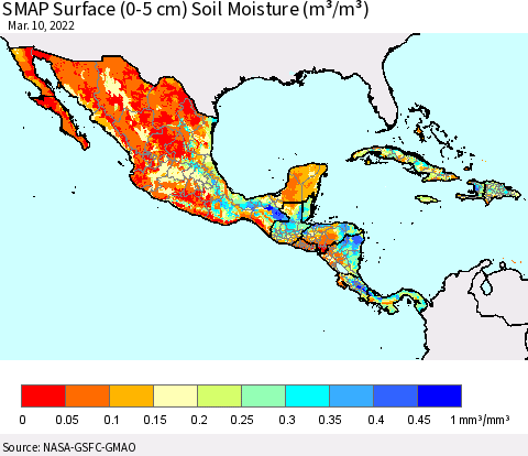 Mexico Central America and the Caribbean SMAP Surface (0-5 cm) Soil Moisture (m³/m³) Thematic Map For 3/6/2022 - 3/10/2022