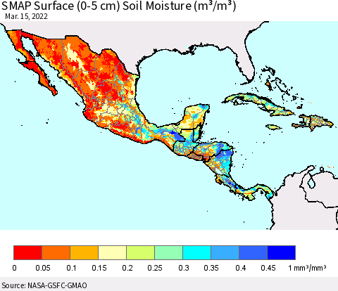 Mexico Central America and the Caribbean SMAP Surface (0-5 cm) Soil Moisture (m³/m³) Thematic Map For 3/11/2022 - 3/15/2022