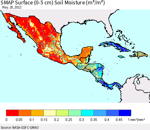Mexico Central America and the Caribbean SMAP Surface (0-5 cm) Soil Moisture (m³/m³) Thematic Map For 5/16/2022 - 5/20/2022