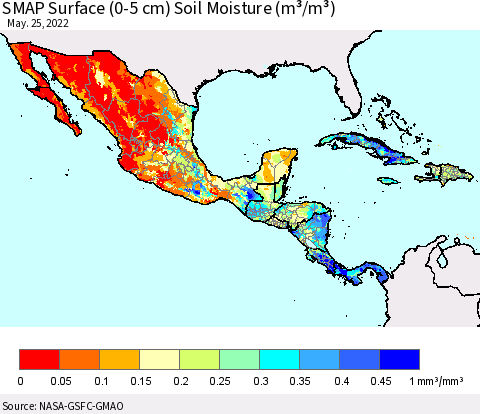 Mexico Central America and the Caribbean SMAP Surface (0-5 cm) Soil Moisture (m³/m³) Thematic Map For 5/21/2022 - 5/25/2022