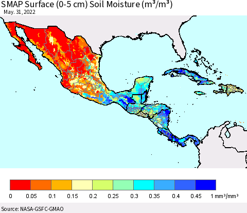 Mexico Central America and the Caribbean SMAP Surface (0-5 cm) Soil Moisture (m³/m³) Thematic Map For 5/26/2022 - 5/31/2022