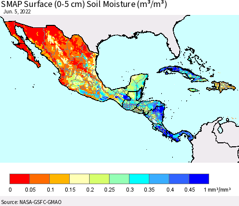 Mexico Central America and the Caribbean SMAP Surface (0-5 cm) Soil Moisture (m³/m³) Thematic Map For 6/1/2022 - 6/5/2022