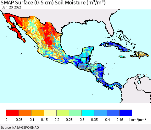 Mexico Central America and the Caribbean SMAP Surface (0-5 cm) Soil Moisture (m³/m³) Thematic Map For 6/16/2022 - 6/20/2022