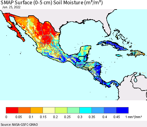 Mexico Central America and the Caribbean SMAP Surface (0-5 cm) Soil Moisture (m³/m³) Thematic Map For 6/21/2022 - 6/25/2022