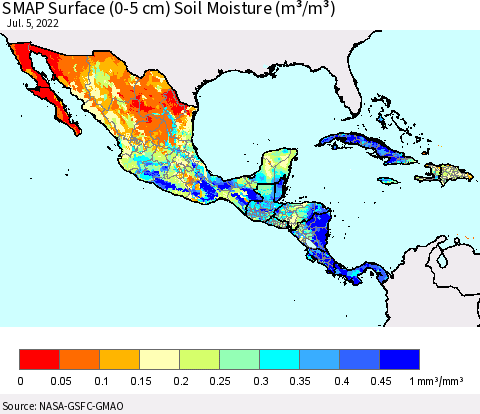 Mexico Central America and the Caribbean SMAP Surface (0-5 cm) Soil Moisture (m³/m³) Thematic Map For 7/1/2022 - 7/5/2022