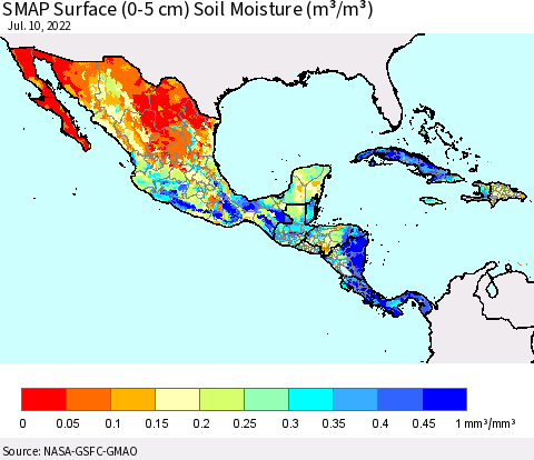 Mexico Central America and the Caribbean SMAP Surface (0-5 cm) Soil Moisture (m³/m³) Thematic Map For 7/6/2022 - 7/10/2022