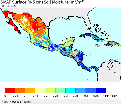 Mexico Central America and the Caribbean SMAP Surface (0-5 cm) Soil Moisture (m³/m³) Thematic Map For 7/11/2022 - 7/15/2022