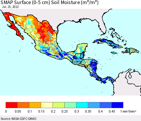 Mexico Central America and the Caribbean SMAP Surface (0-5 cm) Soil Moisture (m³/m³) Thematic Map For 7/21/2022 - 7/25/2022
