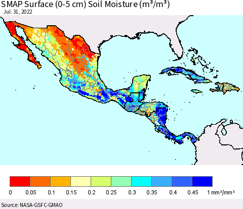 Mexico Central America and the Caribbean SMAP Surface (0-5 cm) Soil Moisture (m³/m³) Thematic Map For 7/26/2022 - 7/31/2022