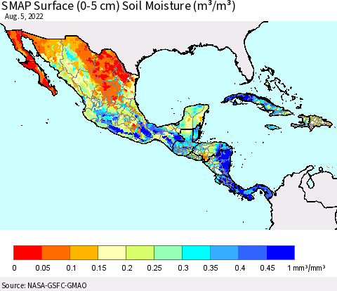 Mexico Central America and the Caribbean SMAP Surface (0-5 cm) Soil Moisture (m³/m³) Thematic Map For 8/1/2022 - 8/5/2022