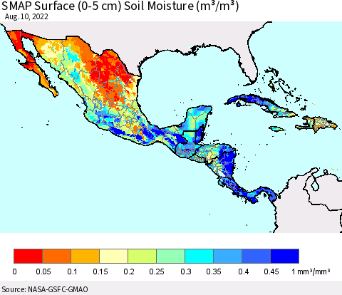Mexico Central America and the Caribbean SMAP Surface (0-5 cm) Soil Moisture (m³/m³) Thematic Map For 8/6/2022 - 8/10/2022