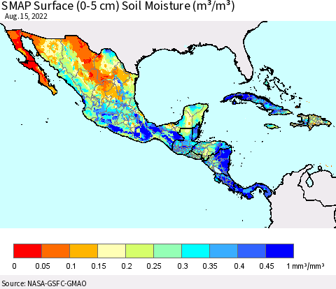 Mexico Central America and the Caribbean SMAP Surface (0-5 cm) Soil Moisture (m³/m³) Thematic Map For 8/11/2022 - 8/15/2022