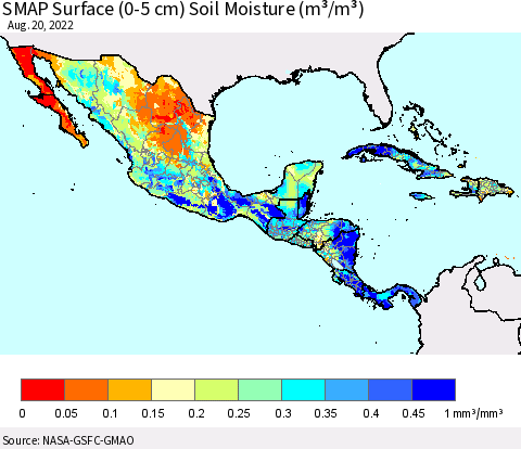 Mexico Central America and the Caribbean SMAP Surface (0-5 cm) Soil Moisture (m³/m³) Thematic Map For 8/16/2022 - 8/20/2022
