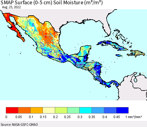 Mexico Central America and the Caribbean SMAP Surface (0-5 cm) Soil Moisture (m³/m³) Thematic Map For 8/21/2022 - 8/25/2022