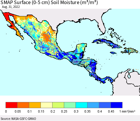 Mexico Central America and the Caribbean SMAP Surface (0-5 cm) Soil Moisture (m³/m³) Thematic Map For 8/26/2022 - 8/31/2022
