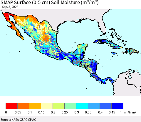 Mexico Central America and the Caribbean SMAP Surface (0-5 cm) Soil Moisture (m³/m³) Thematic Map For 9/1/2022 - 9/5/2022