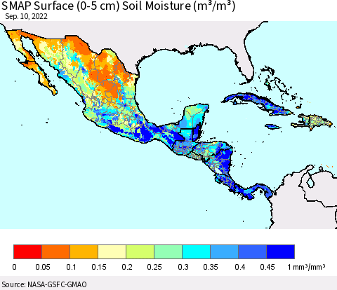 Mexico Central America and the Caribbean SMAP Surface (0-5 cm) Soil Moisture (m³/m³) Thematic Map For 9/6/2022 - 9/10/2022