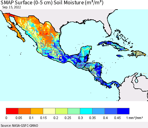 Mexico Central America and the Caribbean SMAP Surface (0-5 cm) Soil Moisture (m³/m³) Thematic Map For 9/11/2022 - 9/15/2022