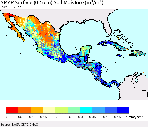 Mexico Central America and the Caribbean SMAP Surface (0-5 cm) Soil Moisture (m³/m³) Thematic Map For 9/16/2022 - 9/20/2022