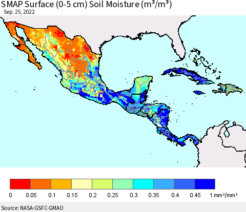 Mexico Central America and the Caribbean SMAP Surface (0-5 cm) Soil Moisture (m³/m³) Thematic Map For 9/21/2022 - 9/25/2022