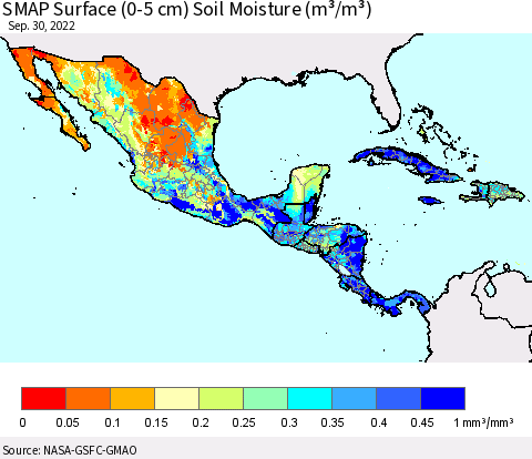 Mexico Central America and the Caribbean SMAP Surface (0-5 cm) Soil Moisture (m³/m³) Thematic Map For 9/26/2022 - 9/30/2022