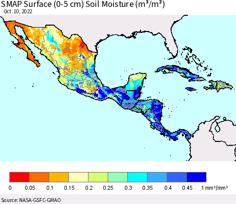Mexico Central America and the Caribbean SMAP Surface (0-5 cm) Soil Moisture (m³/m³) Thematic Map For 10/6/2022 - 10/10/2022