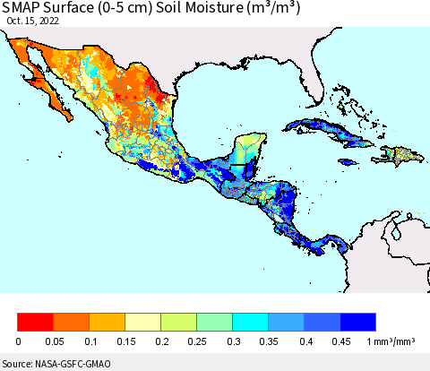 Mexico Central America and the Caribbean SMAP Surface (0-5 cm) Soil Moisture (m³/m³) Thematic Map For 10/11/2022 - 10/15/2022