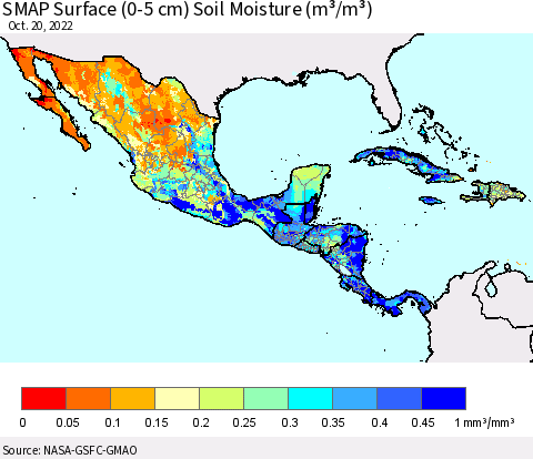 Mexico Central America and the Caribbean SMAP Surface (0-5 cm) Soil Moisture (m³/m³) Thematic Map For 10/16/2022 - 10/20/2022
