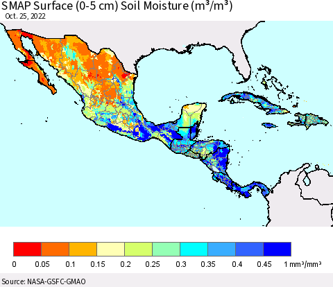 Mexico Central America and the Caribbean SMAP Surface (0-5 cm) Soil Moisture (m³/m³) Thematic Map For 10/21/2022 - 10/25/2022