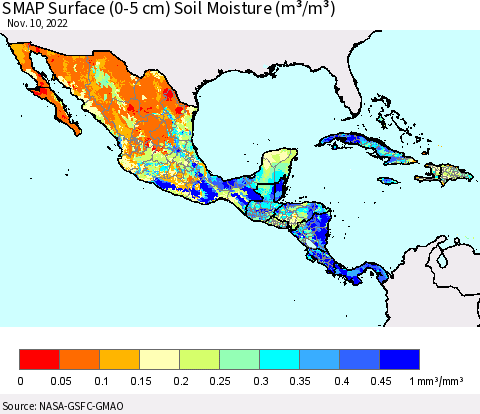 Mexico Central America and the Caribbean SMAP Surface (0-5 cm) Soil Moisture (m³/m³) Thematic Map For 11/6/2022 - 11/10/2022