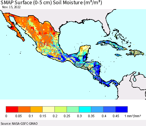 Mexico Central America and the Caribbean SMAP Surface (0-5 cm) Soil Moisture (m³/m³) Thematic Map For 11/11/2022 - 11/15/2022
