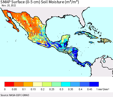 Mexico Central America and the Caribbean SMAP Surface (0-5 cm) Soil Moisture (m³/m³) Thematic Map For 11/16/2022 - 11/20/2022