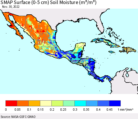 Mexico Central America and the Caribbean SMAP Surface (0-5 cm) Soil Moisture (m³/m³) Thematic Map For 11/26/2022 - 11/30/2022