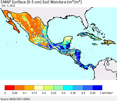 Mexico Central America and the Caribbean SMAP Surface (0-5 cm) Soil Moisture (m³/m³) Thematic Map For 12/1/2022 - 12/5/2022
