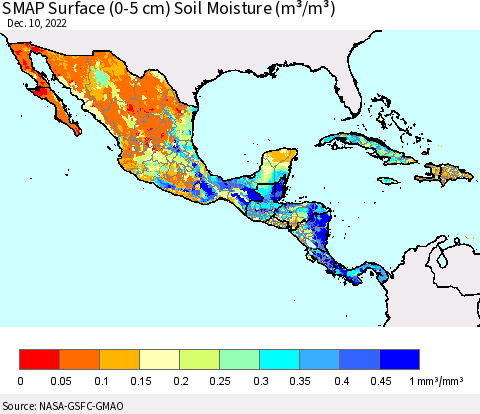Mexico Central America and the Caribbean SMAP Surface (0-5 cm) Soil Moisture (m³/m³) Thematic Map For 12/6/2022 - 12/10/2022