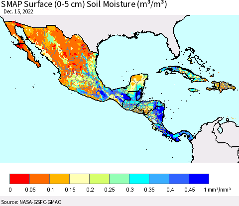Mexico Central America and the Caribbean SMAP Surface (0-5 cm) Soil Moisture (m³/m³) Thematic Map For 12/11/2022 - 12/15/2022