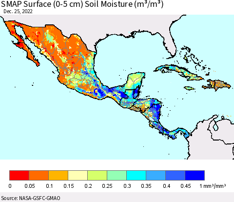 Mexico Central America and the Caribbean SMAP Surface (0-5 cm) Soil Moisture (m³/m³) Thematic Map For 12/21/2022 - 12/25/2022