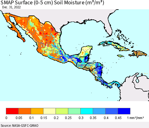 Mexico Central America and the Caribbean SMAP Surface (0-5 cm) Soil Moisture (m³/m³) Thematic Map For 12/26/2022 - 12/31/2022