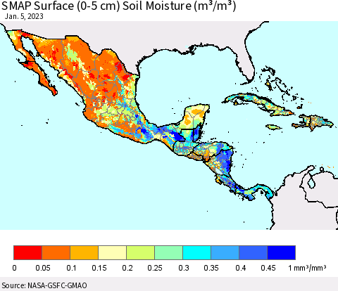 Mexico Central America and the Caribbean SMAP Surface (0-5 cm) Soil Moisture (m³/m³) Thematic Map For 1/1/2023 - 1/5/2023